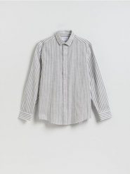 Koszula regular fit w paski - oliwkowy. Zielone koszule męskie Reserved, l, bez wzorów, z bawełny, bez kołnierzyka, bez ramiączek. Za 139.99 zł.