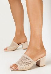 Beżowe Klapki na Słupku z Ozdobnym Paskiem z Siateczki Raniyah. Brązowe klapki damskie Born2be, bez wzorów, z dzianiny, bez obcasa, na obcasie. Za 84.99 zł.