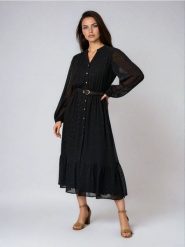 Sukienka midi szmizjerka - czarny. Czarne sukienki damskie Sinsay, l, bez wzorów, bez kołnierzyka, bez ramiączek, midi, szmizjerki. Za 69.99 zł.