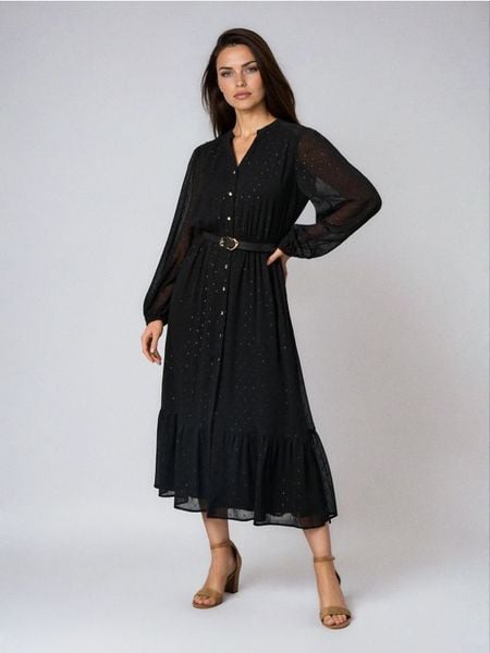 Sukienka midi szmizjerka - czarny. Czarne sukienki damskie Sinsay, l, bez wzorów, bez kołnierzyka, bez ramiączek, midi, szmizjerki. Za 69.99 zł.