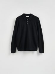 Sweter polo z bawełną - czarny. Czarne swetry męskie Reserved, l, bez wzorów, z bawełny, bez kołnierzyka. Za 119.99 zł.