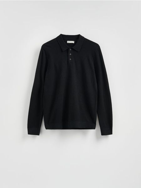 Sweter polo z bawełną - czarny. Czarne swetry męskie Reserved, l, bez wzorów, z bawełny, bez kołnierzyka. Za 119.99 zł.