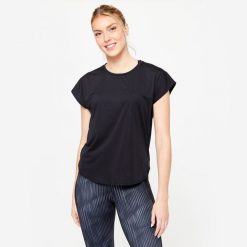 Second Life - Koszulka fitness damska Domyos krótki rękaw - Stan Doskonały. Czarne bluzki sportowe damskie DOMYOS, l, bez wzorów, z materiału, bez ramiączek. Za 44.99 zł.