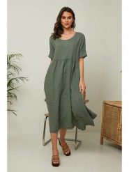 Joséfine Lniana sukienka "Gustav" w kolorze oliwkowym rozmiar: XL. Brązowe sukienki damskie Joséfine, xl, bez wzorów, ze lnu, bez kołnierzyka, bez ramiączek, midi, rozkloszowane. Za 195.99 zł.