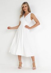 Biała Sukienka Midi Bez Rękawów z Plisowanym Dołem Dreana. Białe sukienki damskie Born2be, na imprezę, l, bez wzorów, eleganckie, bez kołnierzyka, bez ramiączek, midi, plisowane. W wyprzedaży za 159.99 zł.