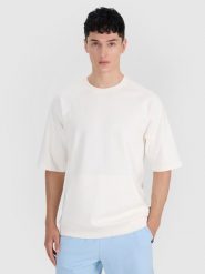 4F Bluza dresowa z krótkim rękawem bez kaptura męska - biała XL. Białe bluzy bez kaptura męskie 4f, bez wzorów, z bawełny, klasyczne, bez kołnierzyka, bez ramiączek. W wyprzedaży za 49.99 zł.