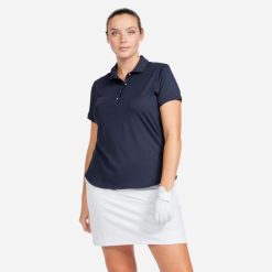 Koszulka polo do golfa damska z krótkim rękawem Inesis WW500. Niebieskie bluzki damskie INESIS, m, bez wzorów, z dżerseju, sportowe, bez kołnierzyka, bez ramiączek. Za 89.99 zł.