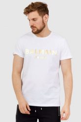 BALMAIN Biały t-shirt męski ze złotym logo. Białe t-shirty męskie Balmain, l, bez wzorów, bez kołnierzyka. W wyprzedaży za 1,099.99 zł.