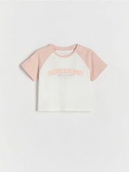 Bawełniany t-shirt z aplikacją - złamana biel. Koszulki dziewczęce Reserved, m, z aplikacjami, z bawełny, bez ramiączek. W wyprzedaży za 12.99 zł.