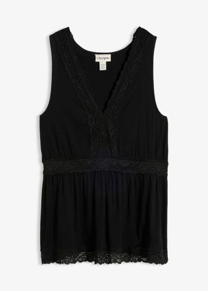 Top z koronką. Czarne topy damskie bonprix, bez wzorów, z koronki, bez kołnierzyka. Za 37.99 zł.