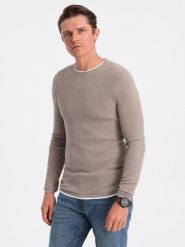Bawełniany sweter męski z okrągłym dekoltem - zimny beż V9 OM-SWSW-0103 - XXL. Brązowe swetry męskie Ombre Clothing, m, bez wzorów, z bawełny, bez kołnierzyka. W wyprzedaży za 69.99 zł.