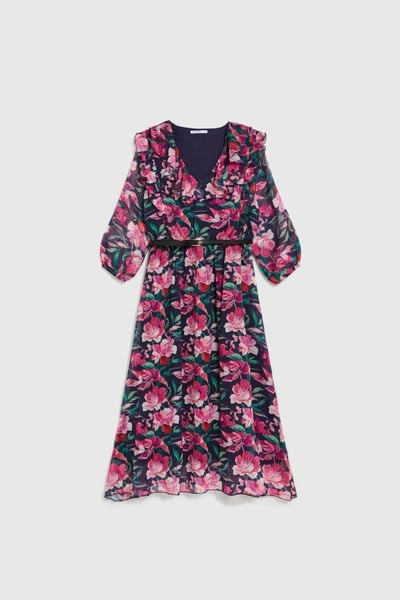 Sukienka w kwiaty granatowa. Sukienki damskie MOODO, l, bez wzorów, z poliesteru, bez kołnierzyka, bez ramiączek. Za 199.99 zł.