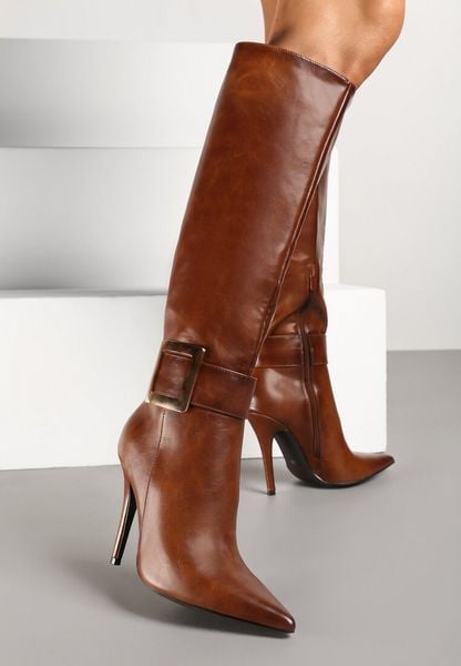 Brązowe Kozaki na Szpilce z Metaliczną Klamrą Evelinna. Brązowe kozaki damskie Renee, bez obcasa, na obcasie. Za 179.99 zł.