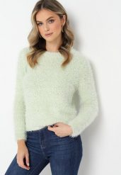 Miętowy Puchaty Sweter z Długim Rękawem i Okrągłym Dekoltem Elinmes. Zielone swetry klasyczne damskie Born2be, z tkaniny, bez kołnierzyka. Za 59.99 zł.