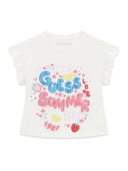 Guess T-Shirt K6GI11 K6YW4 Biały Regular Fit. Białe koszulki dziewczęce Guess, z aplikacjami, z bawełny, bez ramiączek. Za 97.99 zł.