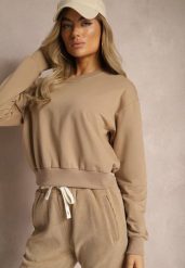 Ciemnobeżowa Bluza z Bawełną ze Ściągaczami przy Rękawach i w Pasie Alberia. Brązowe bluzy bez kaptura damskie Renee, l, z bawełny. Za 24.99 zł.