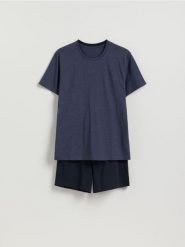 Dwuczęściowa piżama z bawełny - granatowy. Niebieskie piżamy męskie Reserved, l, bez wzorów, z bawełny, bez ramiączek. Za 79.99 zł.