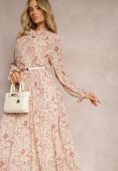 Jasnobeżowa Rozkloszowana Sukienka z Wiązaniem przy Szyi w Print Paisley Clarosa. Brązowe sukienki damskie Renee, do pracy, na lato, l, bez wzorów, biznesowe, bez kołnierzyka, bez ramiączek, maxi, rozkloszowane. W wyprzedaży za 101.99 zł.