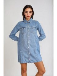 Monki Sukienka dżinsowa w kolorze błękitnym rozmiar: 44. Niebieskie sukienki damskie Monki, na co dzień, bez wzorów, z bawełny, bez kołnierzyka, bez ramiączek, mini, proste. Za 79.03 zł.