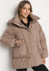 Ciemnobeżowa Pikowana Kurtka o Kroju Oversize z Kapturem Galandia. Brązowe kurtki damskie Born2be, xl, bez wzorów, z jeansu, z kapturem. Za 199.99 zł.