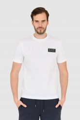 EA7 Biały męski t-shirt z naszywką z logo. Białe t-shirty męskie EA7 Emporio Armani, m, z aplikacjami, bez kołnierzyka. W wyprzedaży za 223.99 zł.