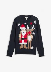 Sweter z bożonarodzeniowym motywem. Niebieskie swetry męskie bonprix, m, bez wzorów, bez kołnierzyka. Za 129.99 zł.