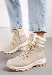 Beżowe Botki Trekkingowe na Platformie ze Sznurowaniem Labrinna. Brązowe obuwie trekkingowe damskie Renee, z jeansu, bez obcasa, na platformie. Za 149.99 zł.