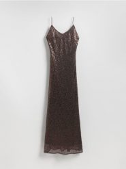 Cekinowa sukienka maxi - ciemnobrązowy. Brązowe sukienki damskie Reserved, l, bez wzorów, z dzianiny, bez kołnierzyka, bez ramiączek, maxi, dopasowane. Za 179.99 zł.