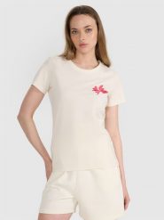 4F T-shirt regular z nadrukiem damski - biały XL. Białe t-shirty damskie 4f, xl, z aplikacjami, z bawełny, bez kołnierzyka. W wyprzedaży za 39.99 zł.