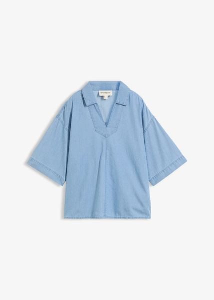Jeansowa bluzka w stylu tuniki z bawełny organicznej. Niebieskie bluzki damskie bonprix, bez wzorów, z bawełny, bez kołnierzyka, bez ramiączek. Za 124.99 zł.