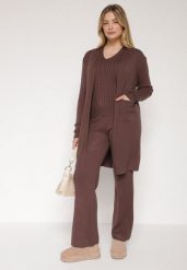 Brązowy Komplet Dzianinowy z Bawełną Spodnie Kamizelka i Długi Kardigan Meviravia. Brązowe kamizelki damskie Born2be, z bawełny, długie. Za 139.99 zł.