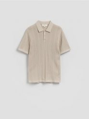 Ażurowa koszulka polo - beżowy. Brązowe koszulki polo męskie Reserved, l, w ażurowe wzory, z bawełny, bez ramiączek. Za 159.99 zł.