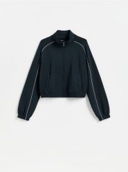 Bluza z kontrastową lamówką - granatowy. Niebieskie bluzy bez kaptura damskie Reserved, l, z dzianiny. Za 139.99 zł.