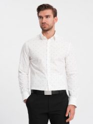 Klasyczna męska bawełniana koszula SLIM FIT w kotwice - biała V3. Białe koszule męskie Ombre Clothing, l, bez wzorów, z bawełny, bez kołnierzyka, bez ramiączek. W wyprzedaży za 69.99 zł.