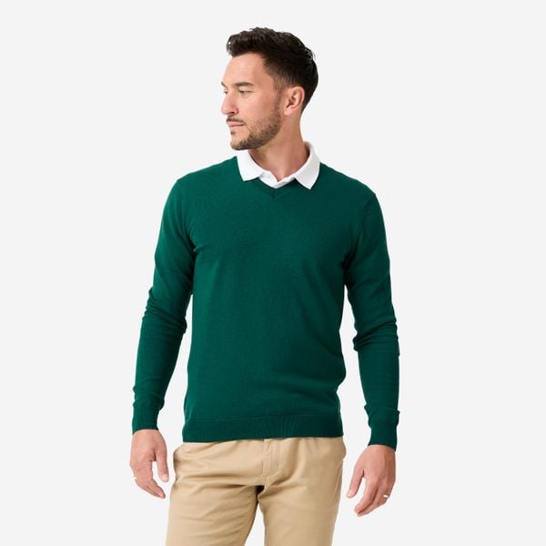 Sweter do golfa męski MW100 dekolt w serek. Zielone swetry męskie INESIS, l, bez wzorów, z bawełny, bez kołnierzyka. Za 69.99 zł.