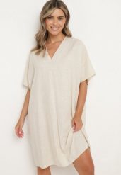 Beżowa Bawełniana Sukienka o Pudełkowym Kroju z Dekoltem w Serek Vikonia. Brązowe sukienki damskie Born2be, na co dzień, plus size, bez wzorów, z bawełny, eleganckie, bez kołnierzyka, plus size, bez ramiączek, midi. W wyprzedaży za 79.99 zł.