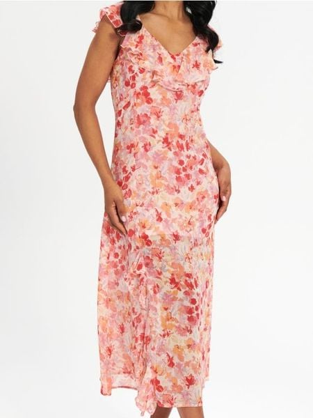 Sukienka midi w kwiaty - wielobarwny. Sukienki damskie Sinsay, l, bez wzorów, bez kołnierzyka, bez ramiączek, midi, z odkrytymi ramionami. Za 59.99 zł.