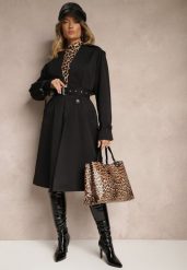 Czarny Dwurzędowy Płaszcz Typu Trencz z Pagonami i Paskiem w Talii Malwizia. Czarne płaszcze damskie Renee, l, bez wzorów, z dzianiny, eleganckie. Za 179.99 zł.