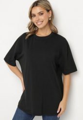 Czarny Bawełniany T-shirt Koszulka z Krótkim Rękawem Bevima. Czarne bluzki damskie Born2be, bez wzorów, z bawełny, bez kołnierzyka, bez ramiączek. Za 59.99 zł.