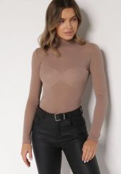 Brązowa Bluzka z Golfem Typu Longsleeve z Wiskozy z Kaszmirem Fedine. Brązowe bluzki damskie Born2be, s, bez wzorów, z jeansu, eleganckie, bez kołnierzyka, bez ramiączek. Za 69.99 zł.
