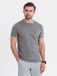 Bawełniany męski t-shirt z zieloną naszywką na piersi – szary V1 - Rozmiar: L. Szare t-shirty męskie Ombre Clothing, l, z aplikacjami, z bawełny, bez kołnierzyka. W wyprzedaży za 69.99 zł.