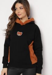 Czarna Bawełniana Bluza z Kapturem z Polarem i Naszywką Misia Hestada. Czarne bluzy z kapturem damskie Born2be, z bawełny. Za 99.99 zł.