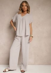 Jasnoszary Komplet Bluzka i Luźne Spodnie z Wiskozą i Kieszonkami Efraria. Szare spodnie materiałowe damskie Renee, z aplikacjami, z materiału, eleganckie. Za 69.99 zł.