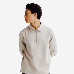 Sweter polo relaks męski Heritage. Szare swetry męskie Decathlon, m, bez wzorów, z bawełny, bez kołnierzyka. Za 159.99 zł.