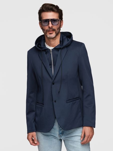 Stylowa marynarka męska z odpinaną podpinką i regulowanym kapturem – granatowa V2. Niebieskie marynarki męskie Ombre Clothing, bez wzorów, z jeansu. Za 419.99 zł.