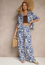 Niebieski Wiskozowy Komplet w Ornamentalny Print Koszula i Szerokie Spodnie Sarilsa. Niebieskie koszule damskie Renee, bez wzorów, z materiału, eleganckie. Za 74.99 zł.