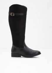 Kozaki z szeroką cholewką i ozdobną klamrą. Czarne kozaki damskie bonprix, bez obcasa. Za 219.99 zł.