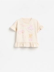 Luźny t-shirt z nadrukiem - kremowy. Białe koszulki dziewczęce Reserved, m, bez wzorów, z bawełny, bez ramiączek. Za 27.99 zł.