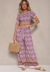 Fioletowy Komplet z Bawełny w Print Boho Szerokie Spodnie i Koszulka Telanitha. Fioletowe spodnie materiałowe damskie Renee, bez wzorów, z bawełny, boho. Za 44.99 zł.