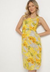 Żółta Sukienka w Kwiaty o Rozkloszowanym Kroju na Szerokich Ramiączkach Naivoriel. Żółte sukienki damskie Born2be, na co dzień, l, bez wzorów, z zamszu, eleganckie, bez kołnierzyka, bez ramiączek, midi, rozkloszowane. W wyprzedaży za 43.99 zł.